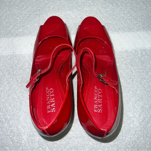 Franco Sarto Womens 8 1/2M Pumps Red Patent Leather Cork Wedge Peep Toe - Picture 9 of 11